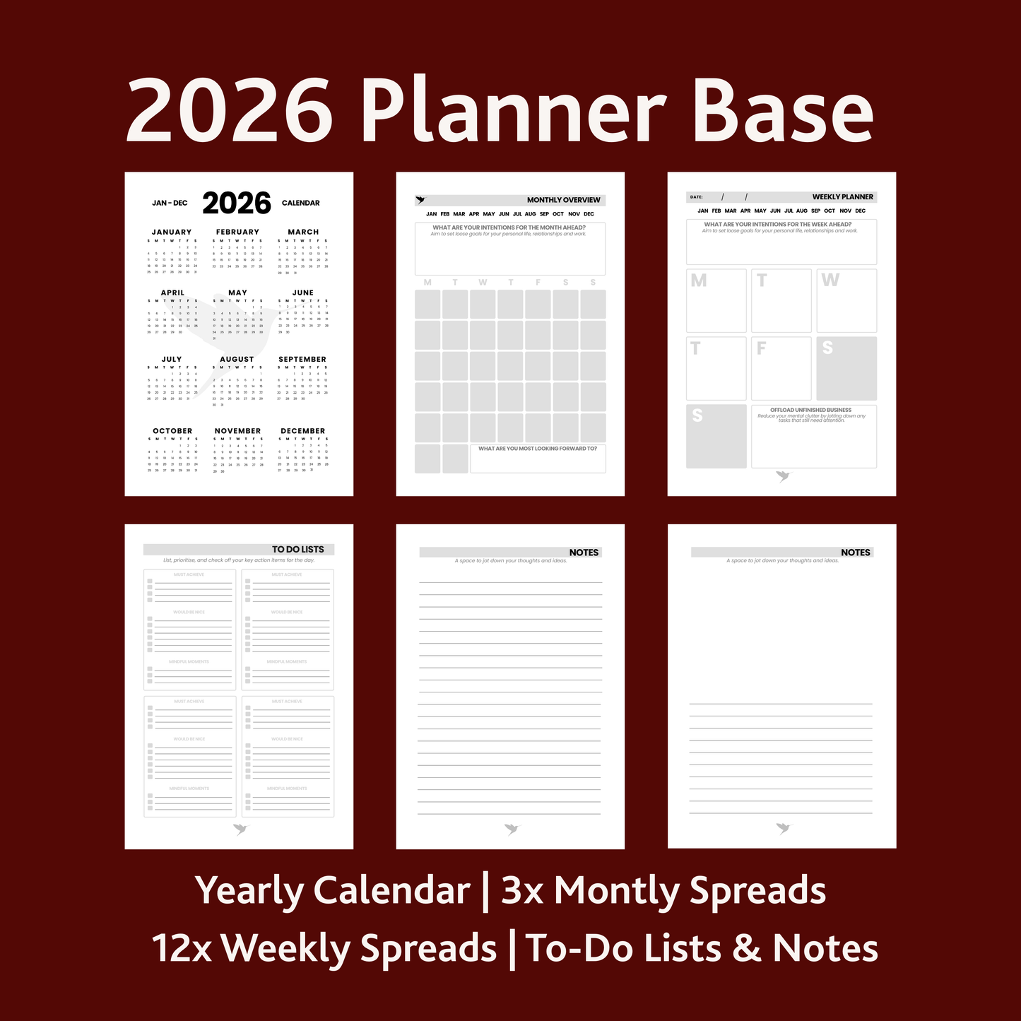 A layout showing a selection of planner pages from within the Hummingbird Paper Co 2026 Planner Base. Including Calendar, Weekly planning spreads, to-do lists and notes.