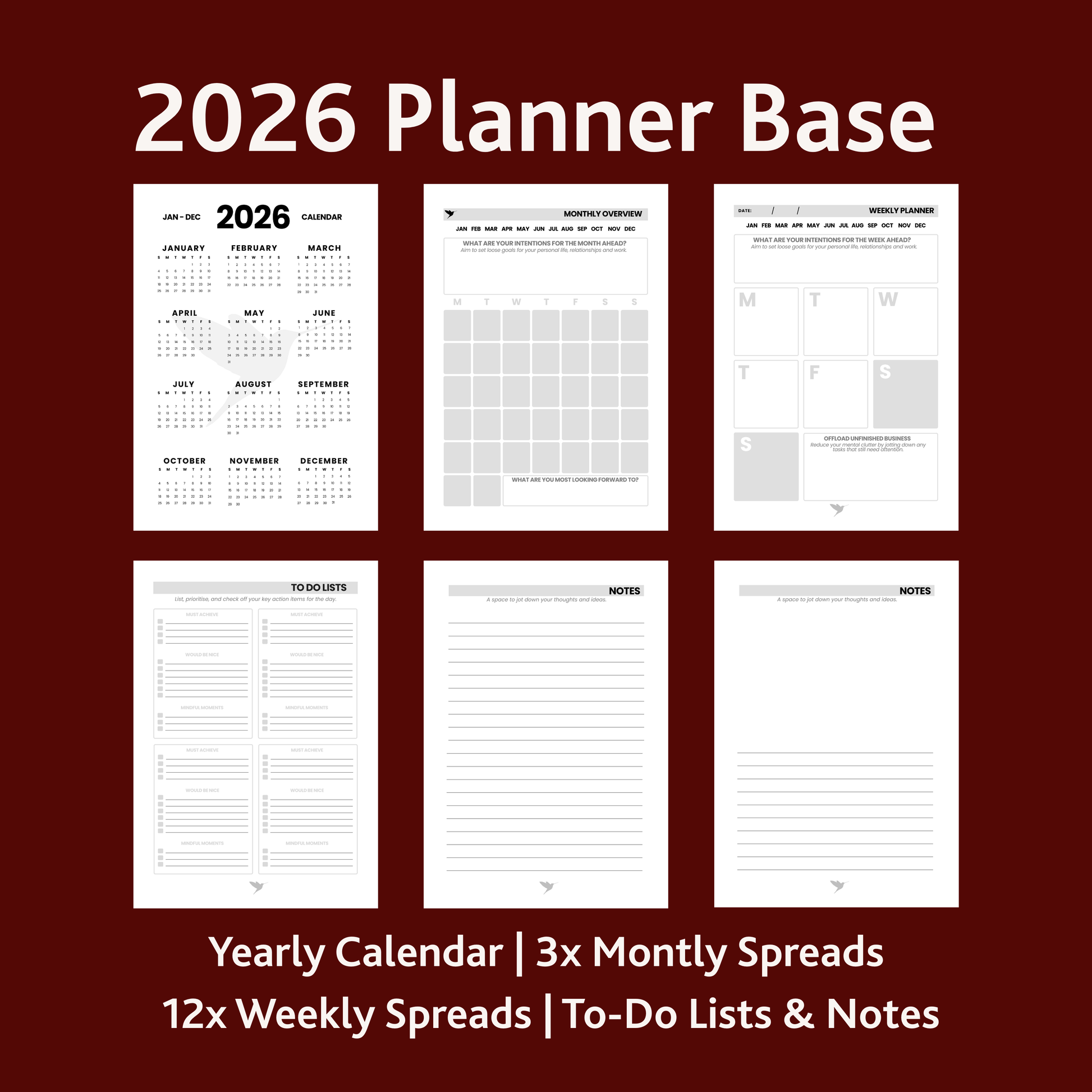 A layout showing a selection of planner pages from within the Hummingbird Paper Co 2026 Planner Base. Including Calendar, Weekly planning spreads, to-do lists and notes.