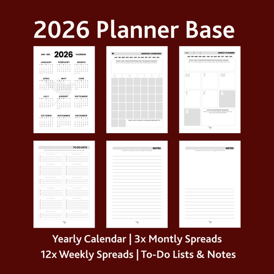 A layout showing a selection of planner pages from within the Hummingbird Paper Co 2026 Planner Base. Including Calendar, Weekly planning spreads, to-do lists and notes.