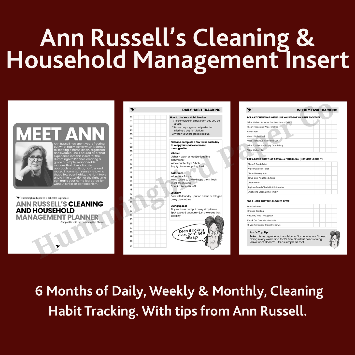 Cleaning and household management planner overview with Ann Russell's branding on a red background