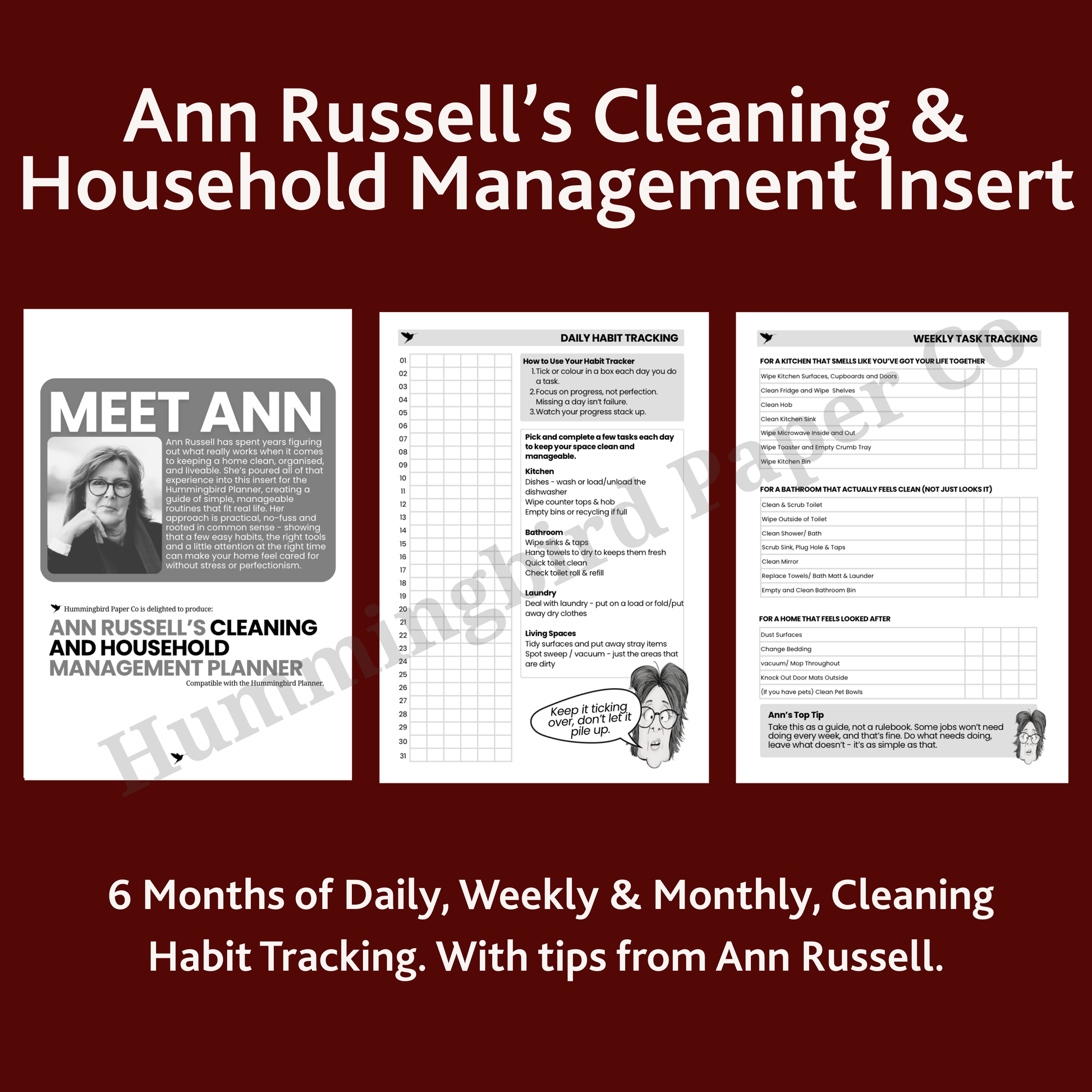 Cleaning and household management planner overview with Ann Russell's branding on a red background