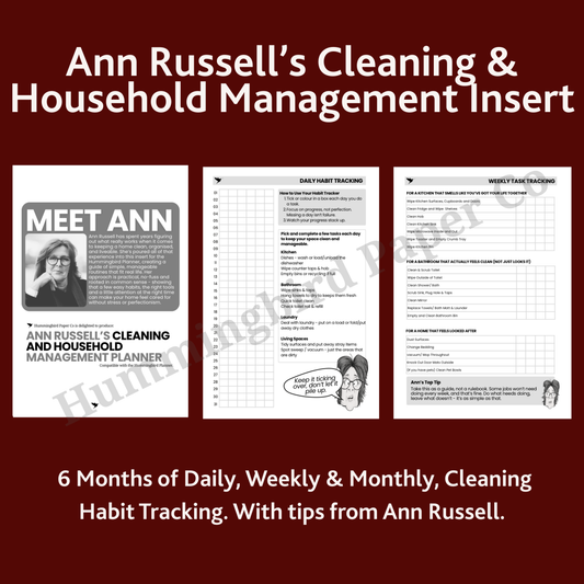Cleaning and household management planner overview with Ann Russell's branding on a red background