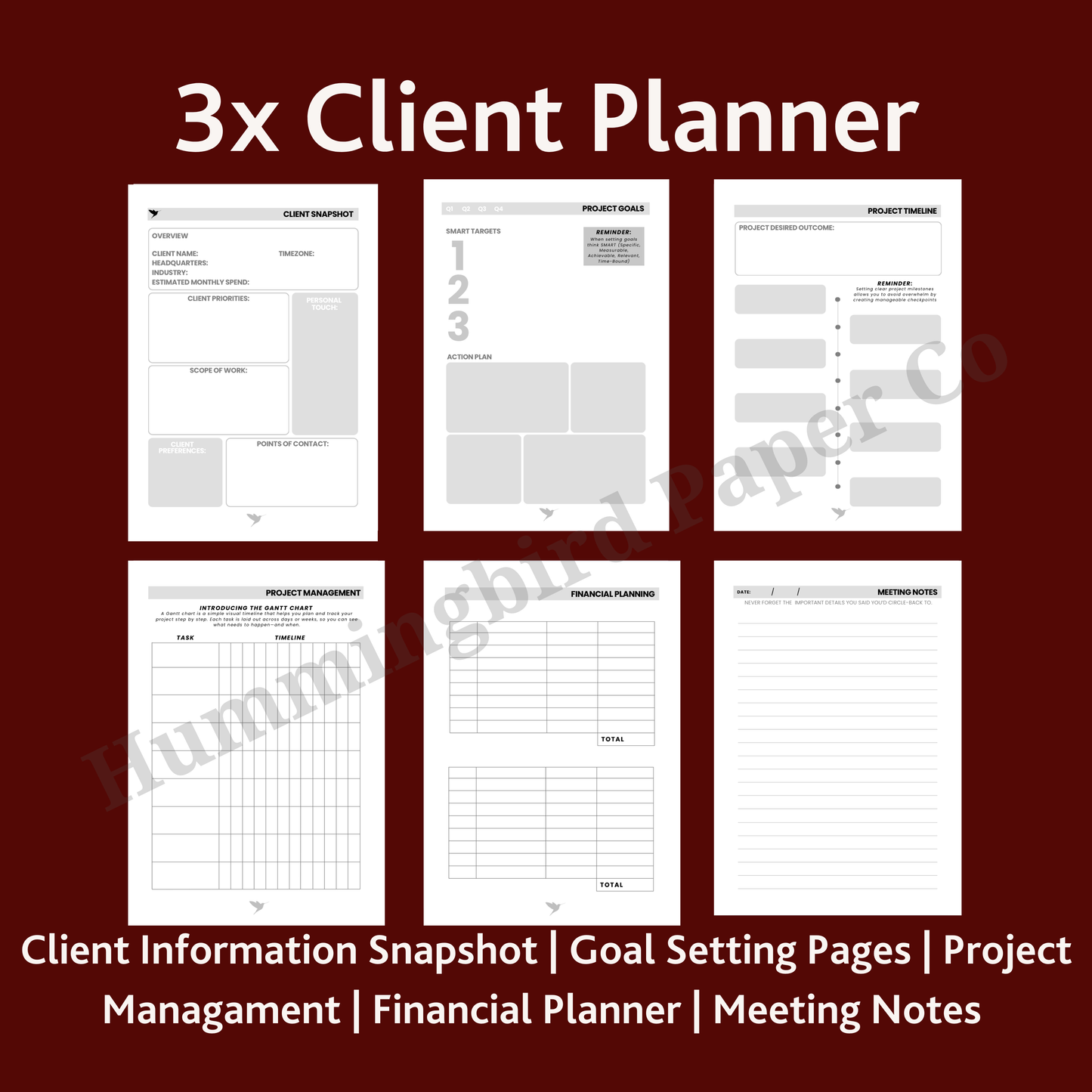 Example image of Six pages of a Client Planner on a red background with text overlay. Including: Client Snapshot, Project Goals, Project Timeline, Project Management Gantt hart, Financial Planning and 12x Meeting Notes. 