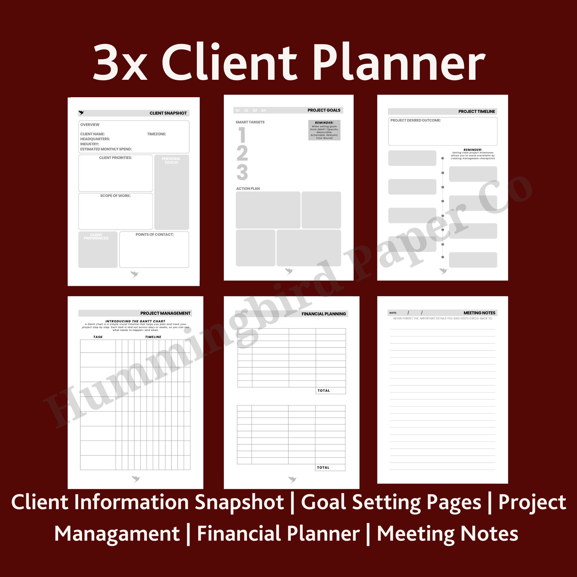 Example image of Six pages of a Client Planner on a red background with text overlay. Including: Client Snapshot, Project Goals, Project Timeline, Project Management Gantt hart, Financial Planning and 12x Meeting Notes. 