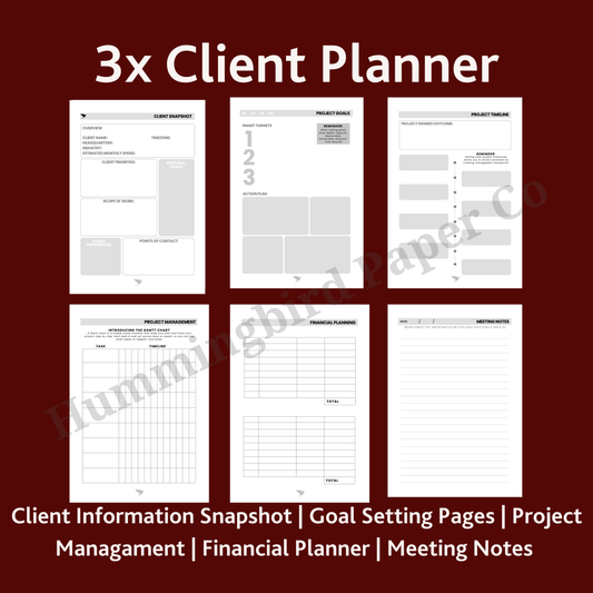 Example image of Six pages of a Client Planner on a red background with text overlay. Including: Client Snapshot, Project Goals, Project Timeline, Project Management Gantt hart, Financial Planning and 12x Meeting Notes. 