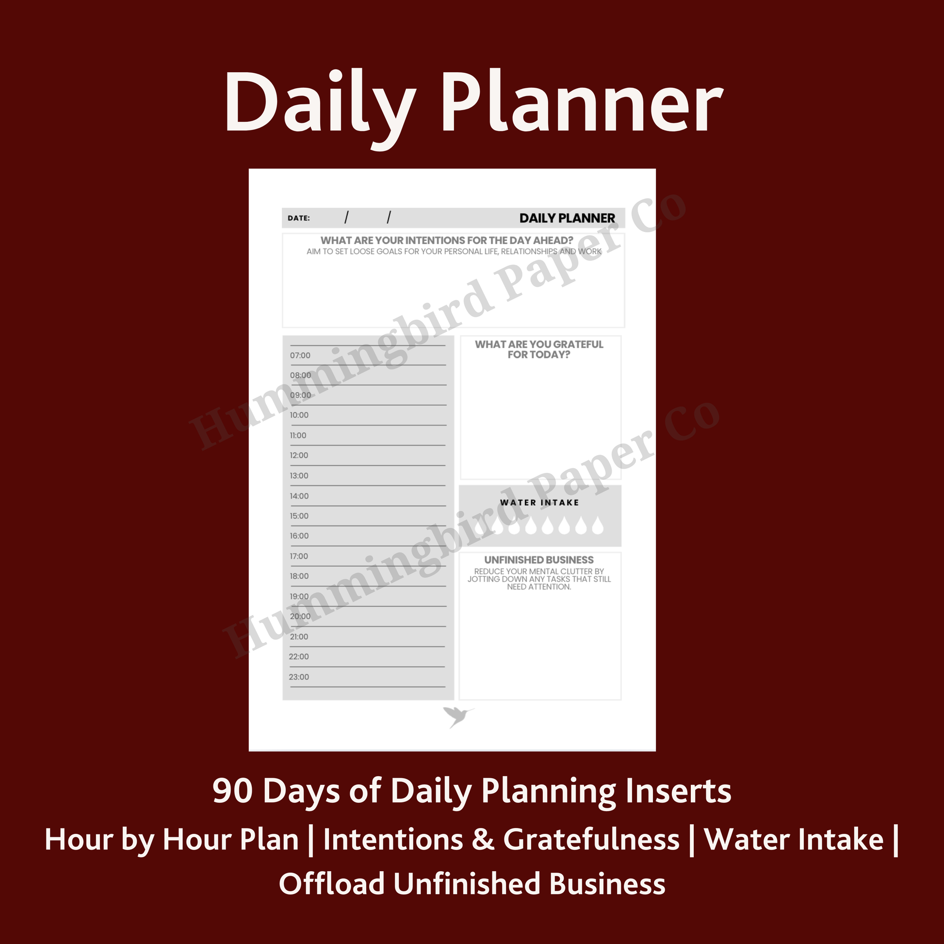 Hummingbird Paper Co Daily planner overview on a red background